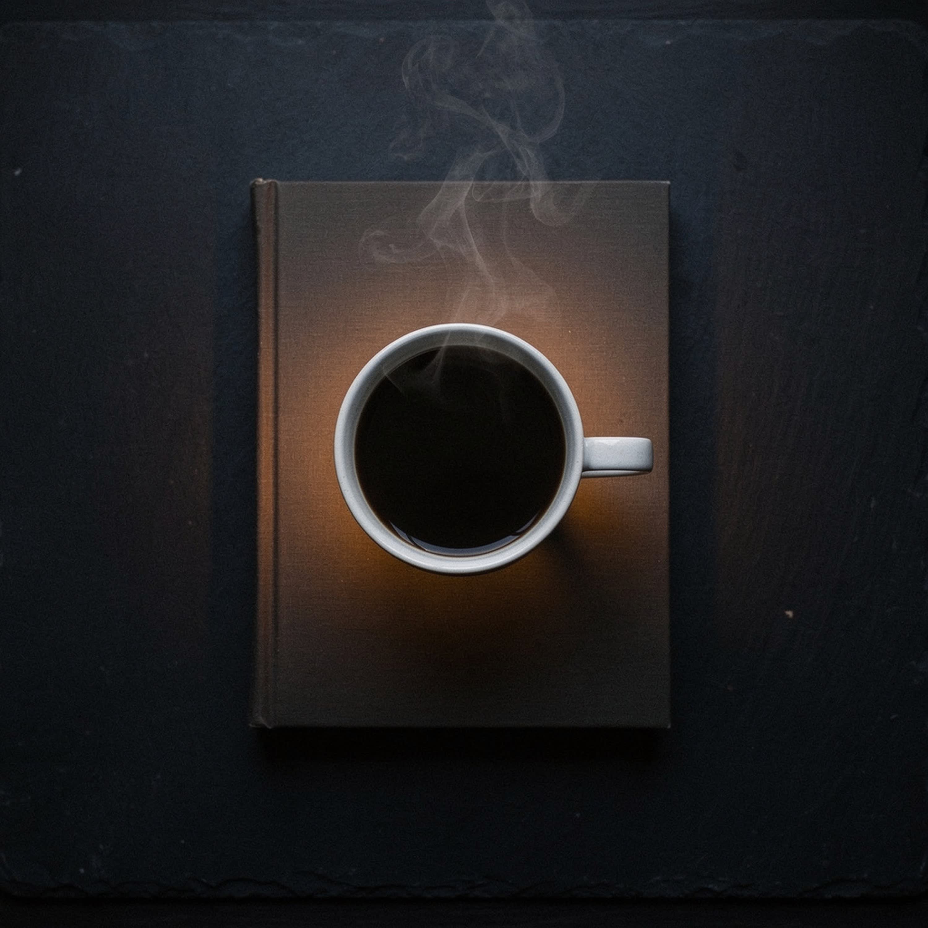 A white coffee cup resting on a book in warm amber light